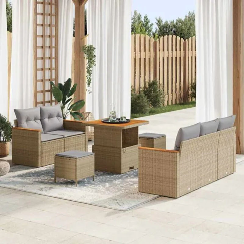 vidaXL Garten-Sofa-Set aus Poly-Rattan mit Kissen und Stauraum in Beige, 8-teiliges modernes Loungemöbel-Set - Bild 1
