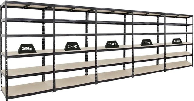 PROREGAL Schwerlastregal Giant Tiger XL, 5er Set, Schwarz, H x B x T: 220 x 120 x 60 cm, 6 Ebenen mit verstellbaren MDF-Holzplatten - Bild 1