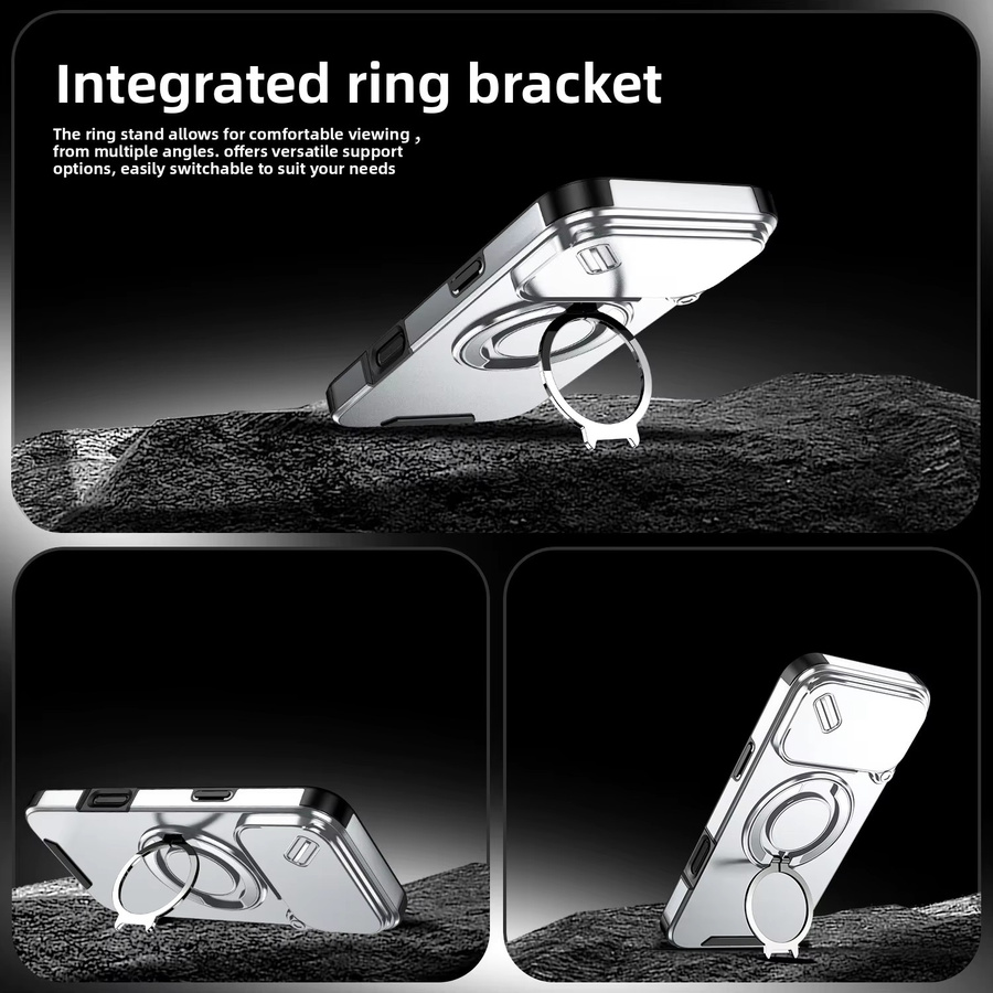 Robuste magnetische Handyhülle mit Ständer und Schiebe-Kameraschutz für iPhone 17 Air, 17E, 16E, 16 Plus, 15, 14, 13, 12, 11 Pro Max mit MagSafe Kompatibilität in Transparent/Silber - Bild 5