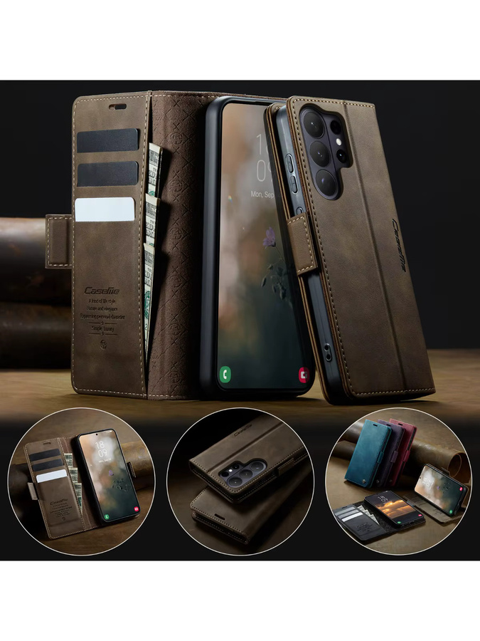 CaseMe Retro Magnetische PU Leder Brieftasche für Samsung Galaxy S26, S26 Plus und S26 Ultra, Stoßfeste Handyhülle mit Kartenhalter in Grün oder Braun - Bild 2