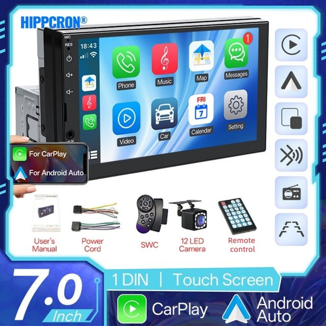 HIPPCRON Auto-MP5-Radio mit 7-Zoll-HD-Bildschirm, kabelgebundenem Carplay und Android Auto in Schwarz - Bild 1