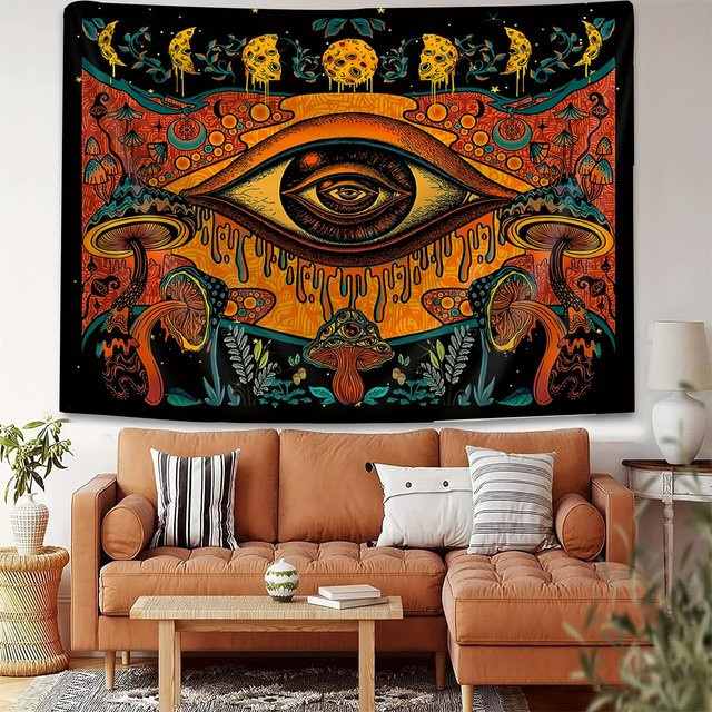 VIKAMA Mystic Eye Fantasy Pilz Wandteppich, Boho Wanddeko mit floralem und abstraktem Design, Mehrfarbig, B/H: 60 x 40 cm - Bild 1