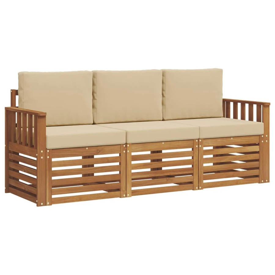 vidaXL Sofagarnitur 3-teilig aus Massivholz Akazie in Natur und Beige mit Sitz- und Rückenkissen im modernen Latten-Design - Bild 2