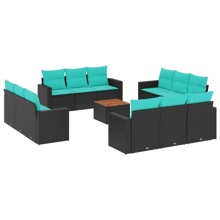 vidaXL 13-tlg. Garten-Sofagarnitur in U-Form aus Polyrattan mit Kissen und Tisch, Schwarz - Bild 2