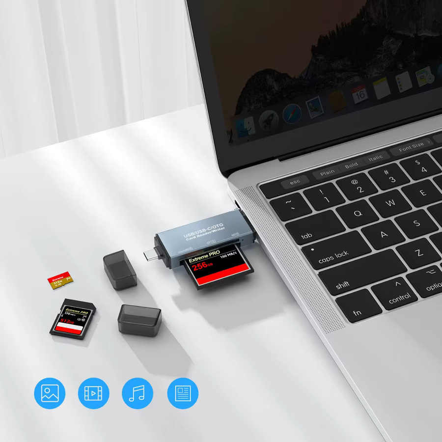 YecaiChuan 3-in-1 USB-C Kartenleser für SD und MicroSD Karten mit OTG-Funktion, Grau - Bild 3