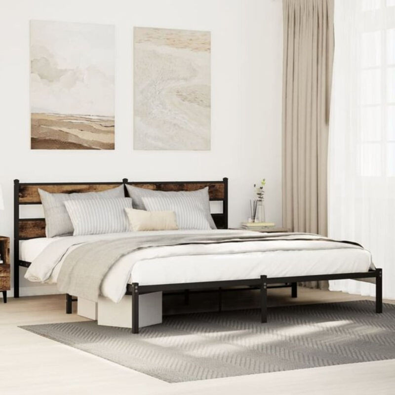 Metallbett vidaxl im Industrial Design aus Metall und Holzwerkstoff in Räuchereiche und Schwarz, B/T/H: 183 x 213 x 91,5 cm - Bild 1