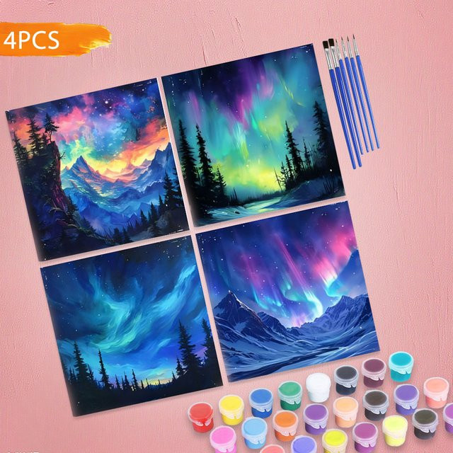 HUACAN Malen nach Zahlen, Waldlandschaft, Aurora-Berglandschaft, 4-teiliges Set, Leinwand - Bild 1