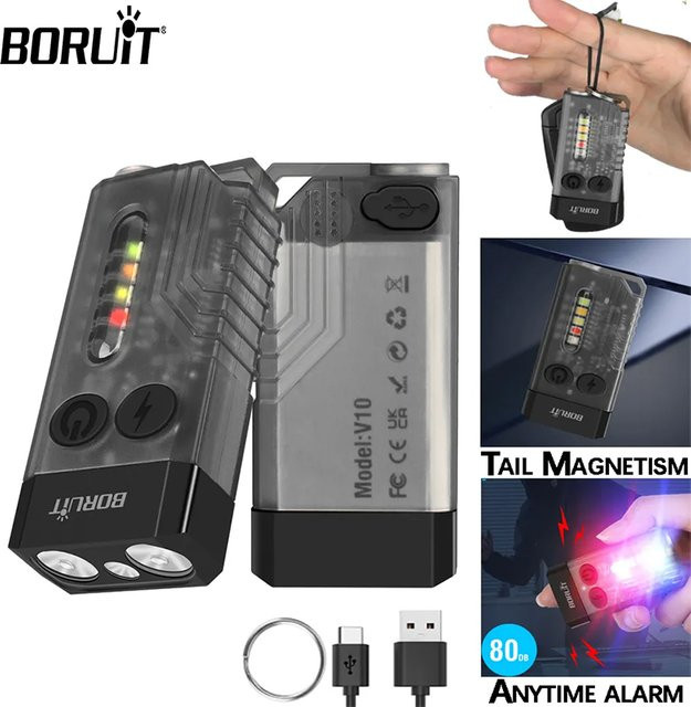Boruit V10 EDC Schlüsselbund Taschenlampe mit USB-C wiederaufladbarem Akku, Magnet und UV-Licht in Schwarz - Bild 1