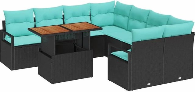 vidaXL Garten Essgruppe 9-teilig aus Poly-Rattan, Stahl und Akazienholz in Schwarz, Teal und Braun - Bild 1