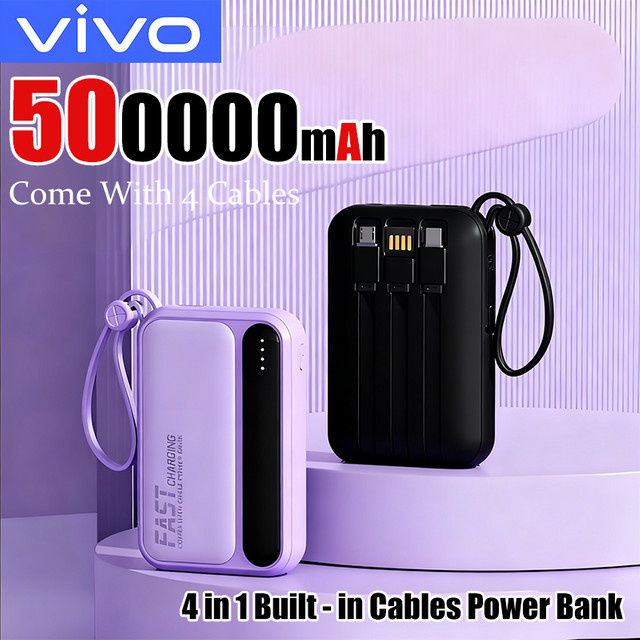 VIVO Powerbank mit 50000mAh Kapazität und integrierten 4 Kabeln in Blau für schnelles Laden - Bild 1