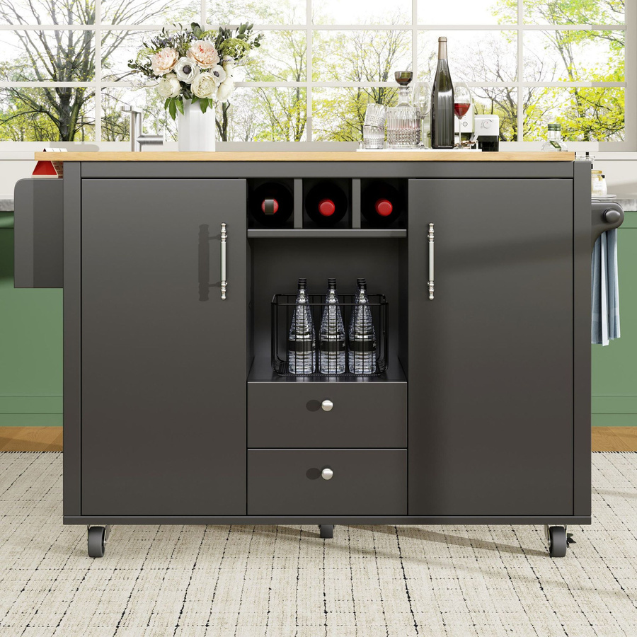 Kücheninsel FC mit Klapptisch in Schwarz, moderner Stauraum mit Weinregal, Handtuch- und Gewürzhalter, B/T/H: 137,9 x 45/73 x 92,5 cm - Bild 2