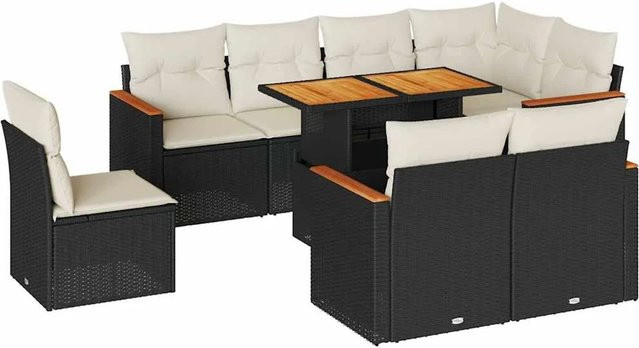 vidaXL 9-teilige Garten-Sofagarnitur in L-Form aus Poly-Rattan und Akazienholz in Schwarz-Creme mit Kissen - Bild 1