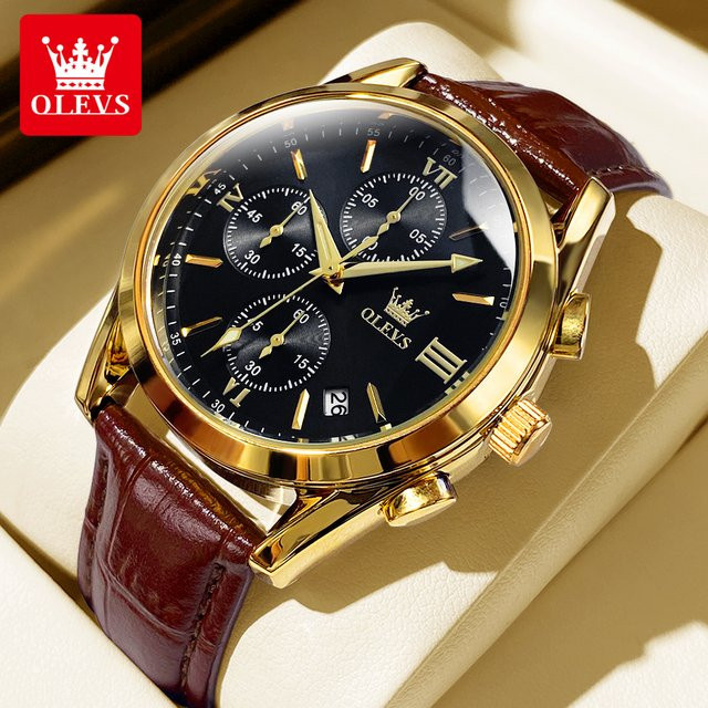 OLEVS Chronograph, Quarz, Lederarmband, Schwarz, Herren - Bild 1