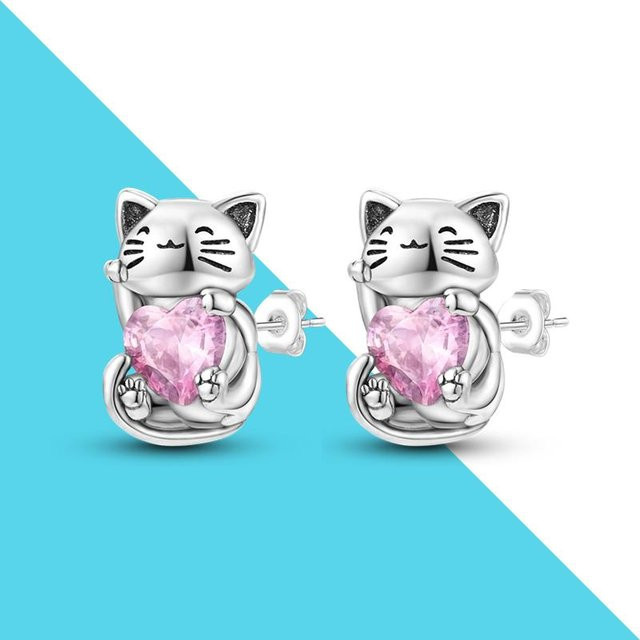 Ohrstecker Katze, Silber, Rosa Zirkonia, Damen - Bild 1