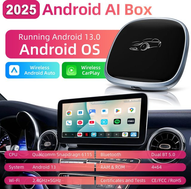 ANYFAR 3-in-1 Kabelloser CarPlay und Android Auto Adapter mit Smart Android AI Box und HDMI-Ausgang in Schwarz oder Weiß - Bild 1