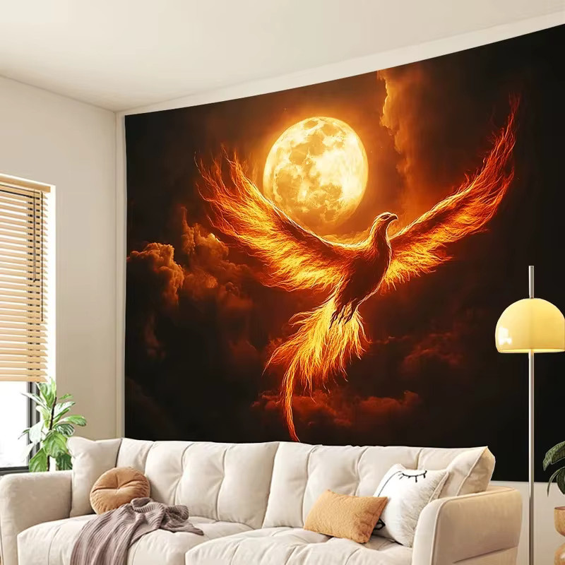 VIKAMA Blaze Phoenix Wandteppich mit Wolkenmustern in Orange im Fantasy-Stil - Bild 4