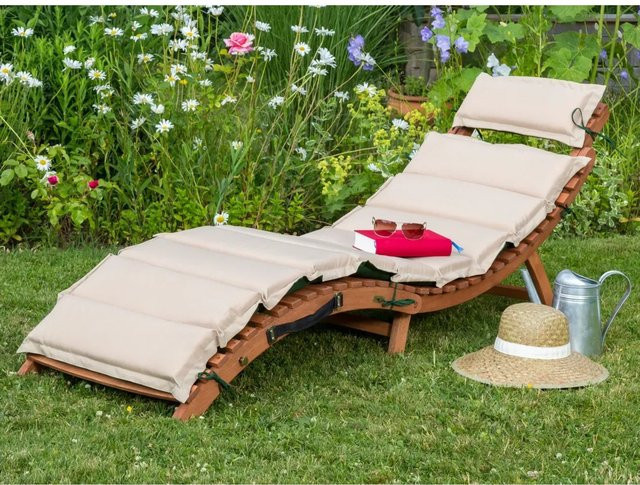 Merxx Gartenliege Ipanema aus Eukalyptusholz mit wetterfester Auflage in Grün und Beige - Bild 1