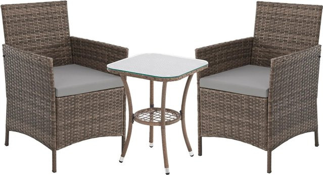 Svita Brooklyn Bistro Gartenmöbelset 3-tlg. Rattan Outdoor Gartenlounge in Braun mit Polsterkissen und Metallgestell - Bild 1