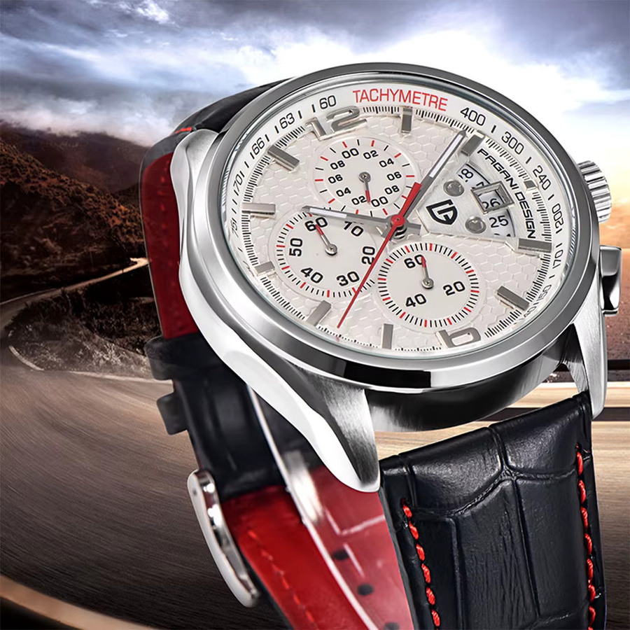 PAGANI DESIGN Chronograph, Quarz, Edelstahl, Leder, Weiß, Herren - Bild 2