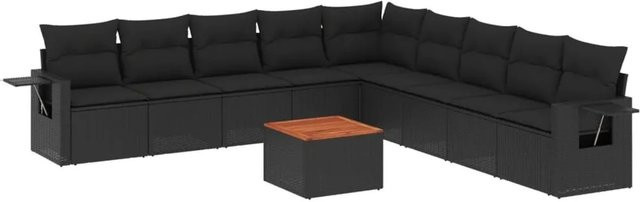 vidaXL 10-tlg. Garten-Sofagarnitur in L-Form aus Polyrattan und Akazienholz mit Kissen, Schwarz - Bild 1