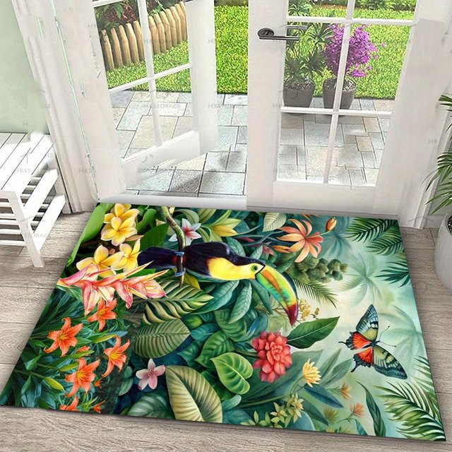 Lodestar Fußmatte mit tropischem Naturmuster, floraler Vogel-Schmetterlings-Design, rutschfest und waschbar, B/T: 60 x 40 cm - Bild 1