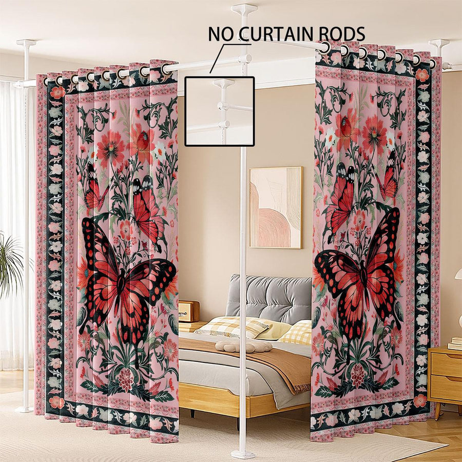 Set aus 2 lichtblockierenden Vorhängen mit Schmetterlingsdruck in Multicolor, dekorative Retro-Muster zur Isolierung, B: 100 cm, H: 70 cm - Bild 3