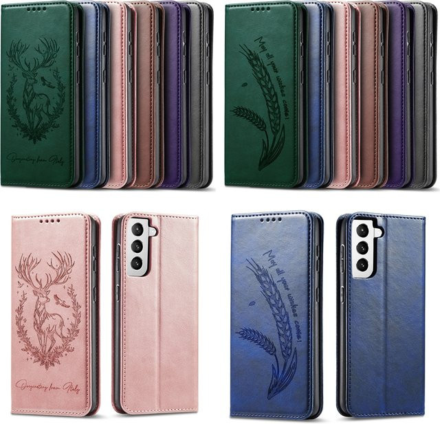 Magnetische Lederhülle mit Hirsch- und 3D-Prägung für Samsung Galaxy S26 S25 S24 S23 S22 FE Plus Ultra EDGE in Blau - Bild 1