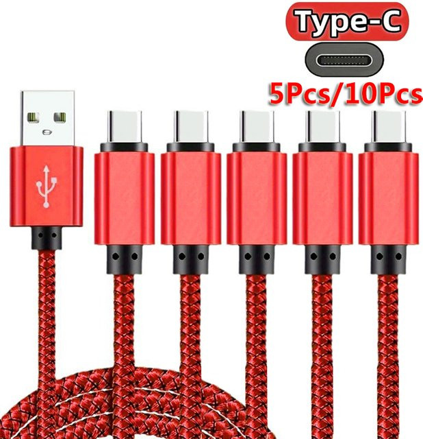 USB A auf Typ C Ladekabel mit 2A Schnellladefunktion und Nylon-Datenkabel in Pink und Rot für Android, Huawei und Samsung - Bild 1