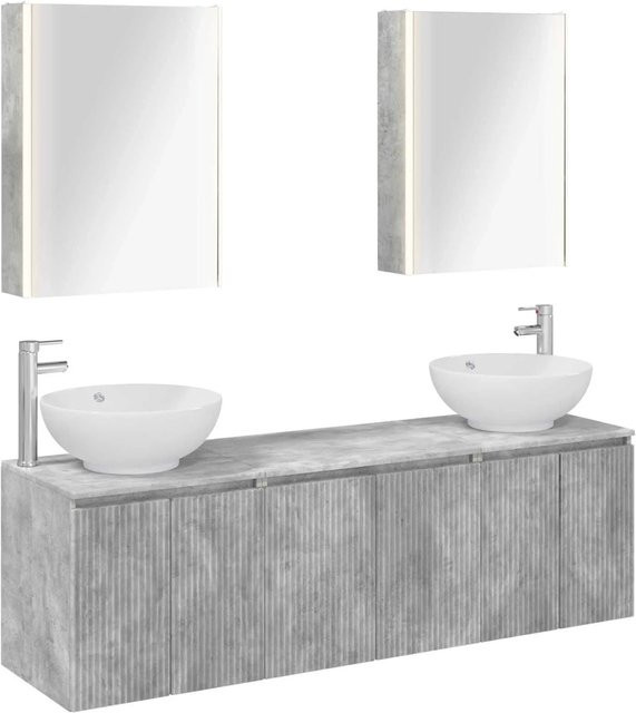 vidaXL Badezimmerschrank-Set 5-teilig in Betongrau, modernes Design mit LED-Beleuchtung und Waschtischunterschrank aus MDF, Wandmontage - Bild 1
