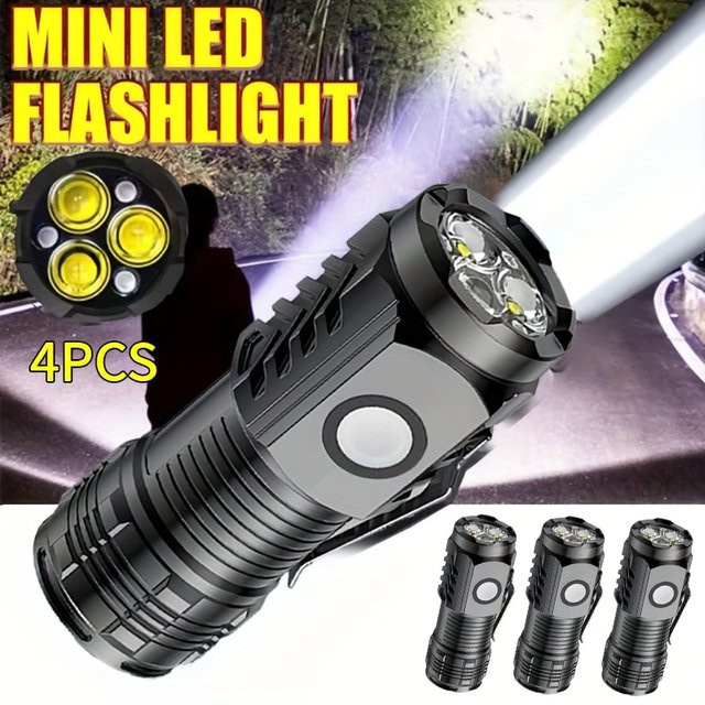 XIWANGFIRE 4er-Set Mini Taschenlampe mit Drei-Augen-LED, wiederaufladbar, Schwarz - Bild 1