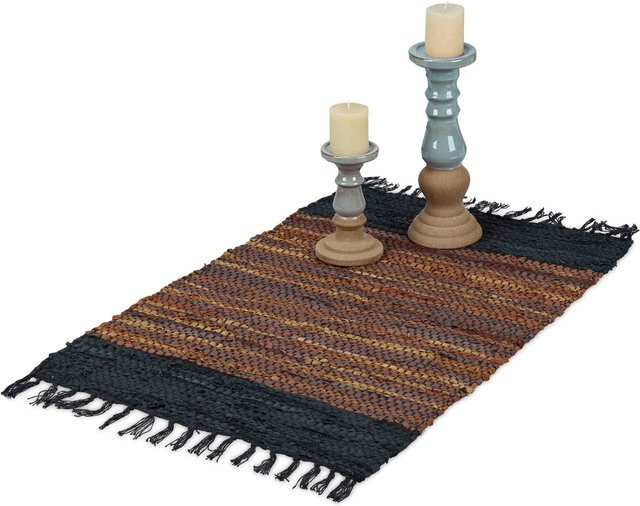 Relaxdays Flickenteppich aus Baumwolle und Leder in Braun, rutschfest und mit Fransen, B: 60 cm, T: 110 cm - Bild 1