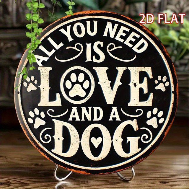 Rundes Metalldekorschild im Vintage-Stil mit Hund-Motiv All You Need Is Love and a Dog von Potdemiel - Bild 1