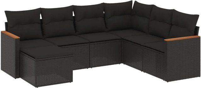vidaXL 7-tlg. Garten-Sofagarnitur in L-Form aus schwarzem PE-Rattan mit Kissen und pulverbeschichtetem Stahlgestell - Bild 1