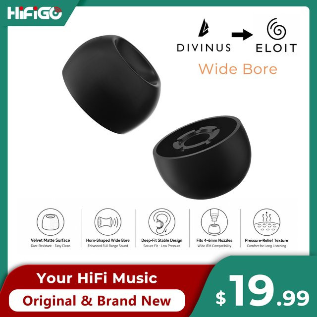 ELOIT DIVINUS Samt-Ohrstöpsel aus Silikon in Schwarz mit breiter Bohrung für 4–6 mm Düsen für In-Ear Kopfhörer - Bild 1