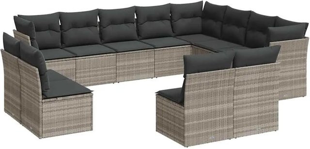 vidaXL 12-tlg. Garten-Sofagarnitur in L-Form mit Kissen, Hellgrau, Poly-Rattan und Metallrahmen - Bild 1