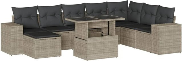 vidaXL 9-tlg. Garten-Sofagarnitur aus Poly-Rattan mit Kissen in Hellgrau - Bild 1