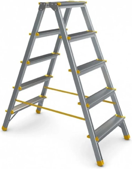 PROREGAL Doppelseitige Aluminium-Stufenstehleiter mit 5 Stufen, Farbe: Silber/Gelb, Höhe: 109 cm, Tragkraft: 150 kg - Bild 1