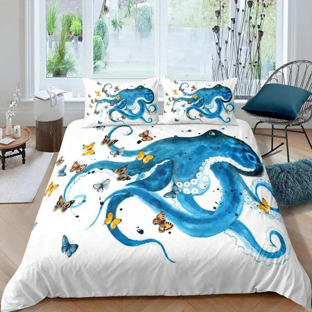 Oktopus Bettbezug Set Petrolblau mit Oktopus-Motiv aus Polyester, 2-teilig, B/H: 135 x 200 cm, Kissen: 50 x 70 cm - Bild 1