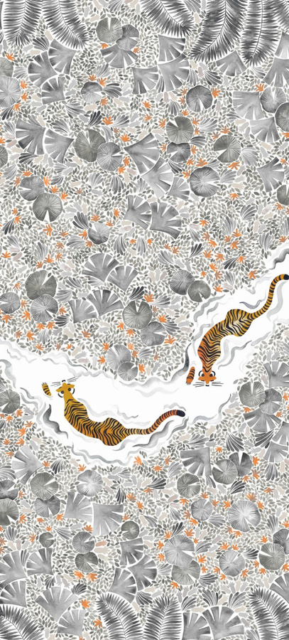 Isidore Leroy Mural Tigres Tapete mit Tiermotiv in Grau, Orange und Multicolour für Kinderzimmer - Bild 1