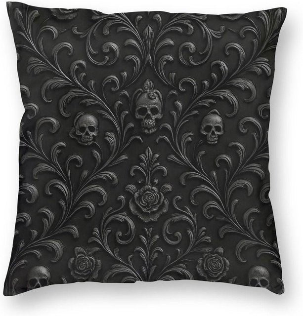 Dekorative quadratische Kissenhülle Gotische Schädel & Rosen in Schwarz aus Polyester-Leinen-Samt mit Reißverschluss, B/T/H: 45 x 45 x 45 cm - Bild 1