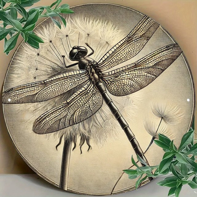 Potdemiel Libellen-Wandkunst aus Metall im Vintage-Design, rundes Aluminiumdekor für drinnen und draußen, Durchmesser: 20,3 cm - Bild 1