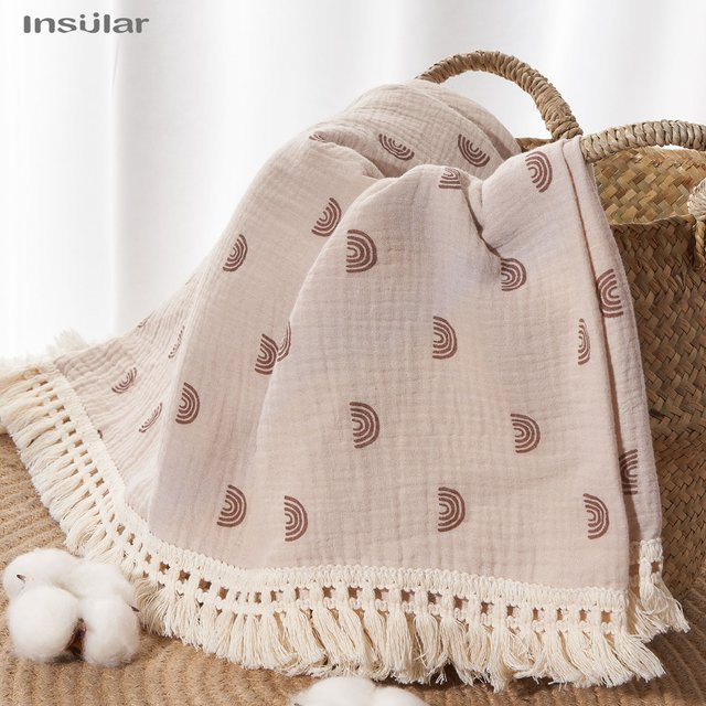Babydecke aus reiner Baumwolle mit Quasten in Beige - Bild 1