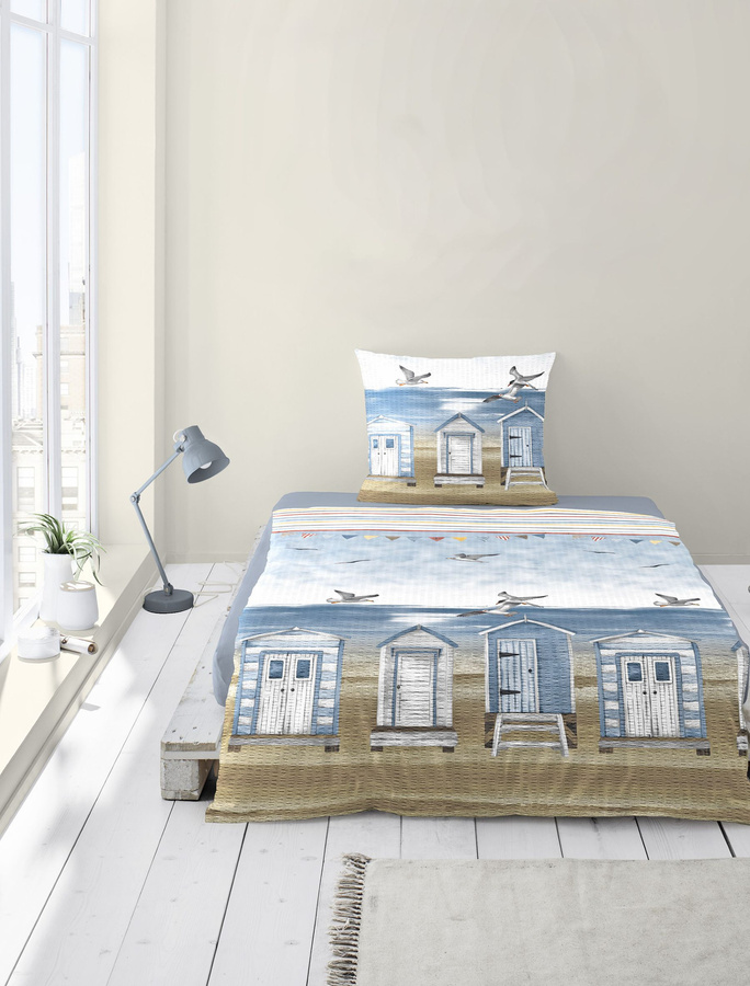 Bierbaum Seersucker Bettwäsche Blau mit Strandhaus und Möwen, Baumwolle, B/H: 135 x 200 cm mit Kissenbezug 80 x 80 cm - Bild 1