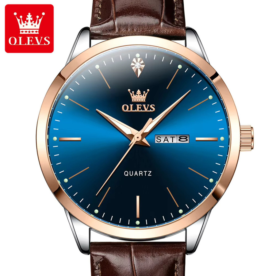 OLEVS Armbanduhr, Quarz, Edelstahl, Leder, Blau, Herren - Bild 4