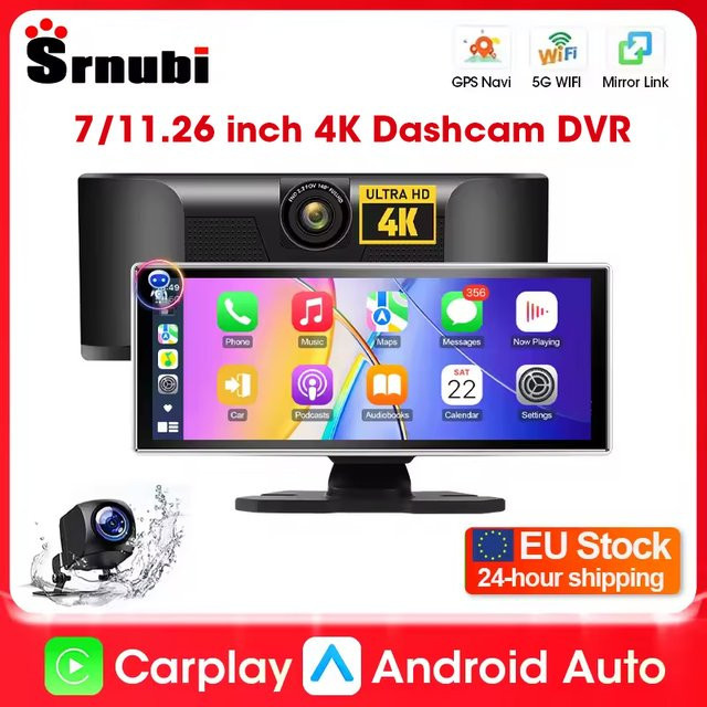 Srnubi 4K Dashcam mit 7/11,26 Zoll Display, kabelloses CarPlay und Android Auto, GPS-Navigation, WLAN und FM/AUX Radio, Schwarz - Bild 1