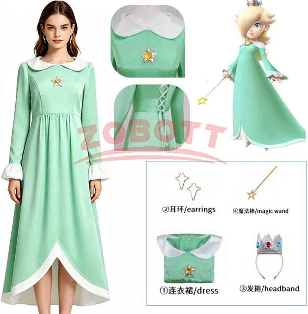 ZOBOTT Prinzessin Peach Super Mario Kostüm-Set, blaues Kleid mit Krone und Zauberstab - Bild 1