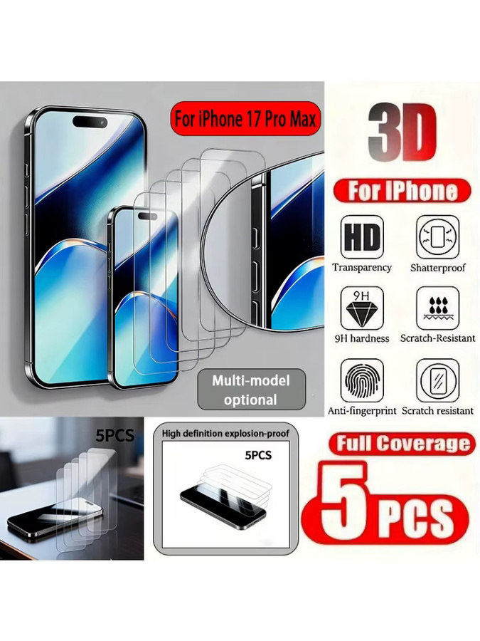 5-teiliges HD-Panzerglas Set für iPhone 12 bis iPhone 17 Pro Max, transparentes Displayschutzglas - Bild 7