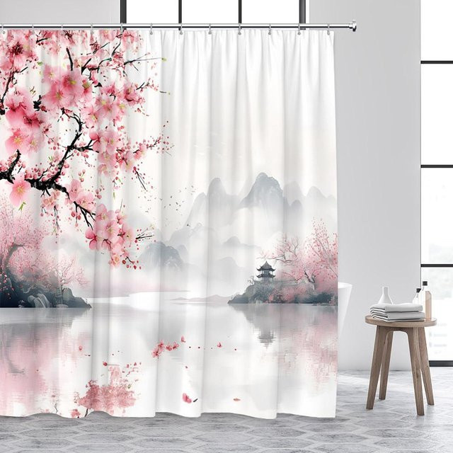 Baifenbai Home Furnishing Duschvorhang mit japanischem Landschaftsmotiv in Rosa und Kirschblüten, B/H: 170 x 180 cm - Bild 1