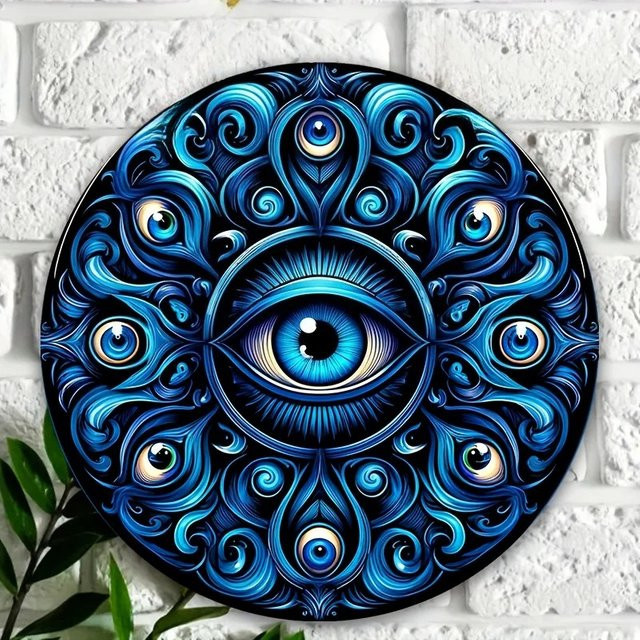 Rundes Vintage-Wandschild von HELLOYOUNG mit Mandala Evil Eye Design in Blau, Durchmesser: 20 cm - Bild 1