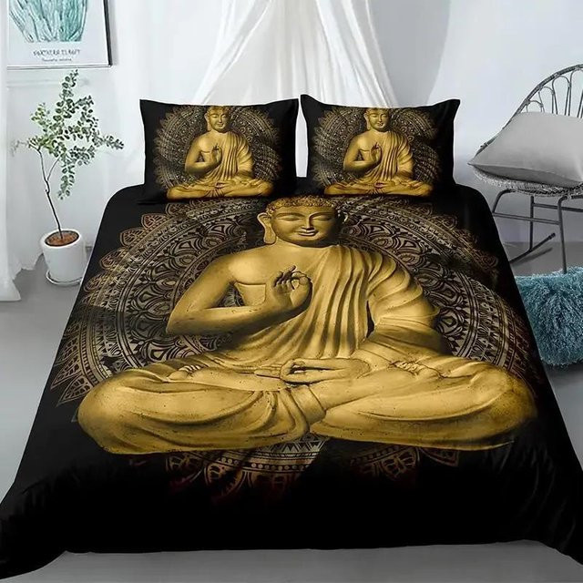 Lodestar Mandala Buddha Bettwäsche-Set mit Lotusblumen-Druck in Gold und Schwarz, Boho Mikrofaser-Bettbezug und Kissenbezug, Breite: 180 cm, Länge: 210 cm - Bild 1